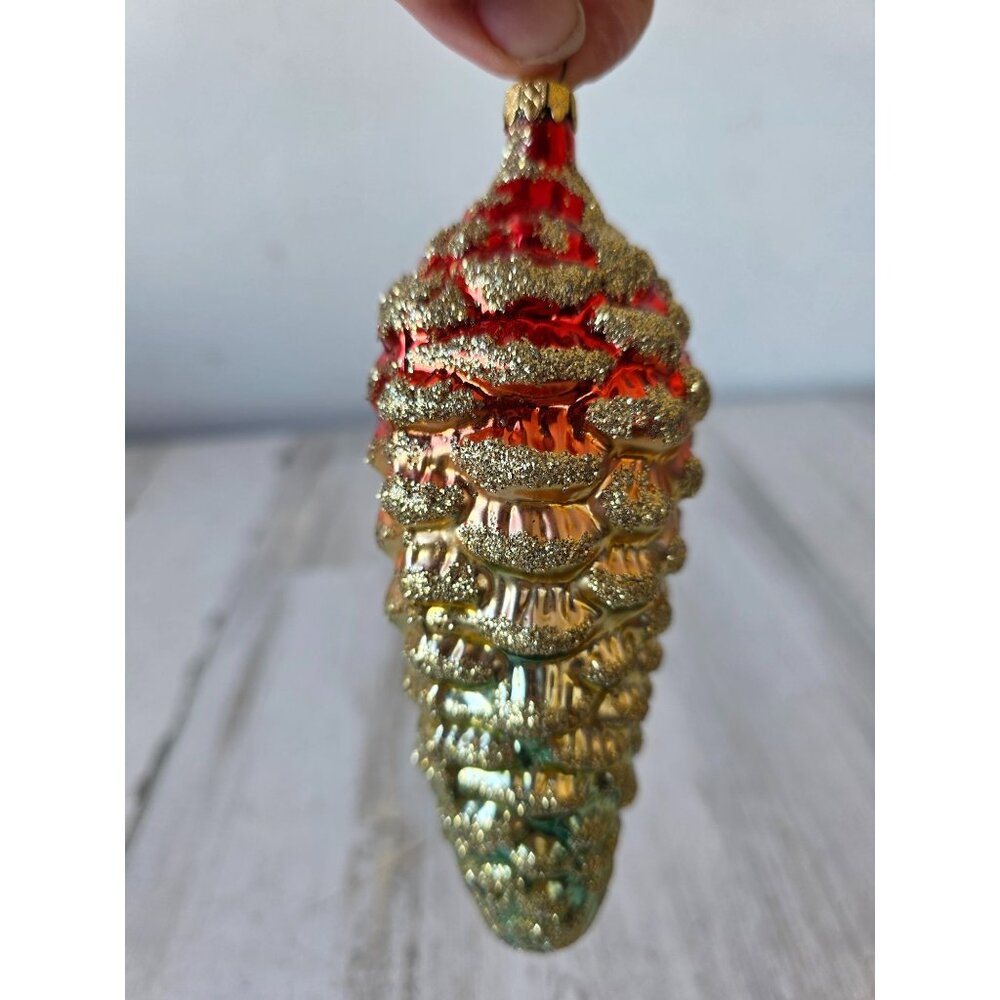 Vintage Columbia glitter gold acorn pinecone large ornament‎ rainbow Xmas tree